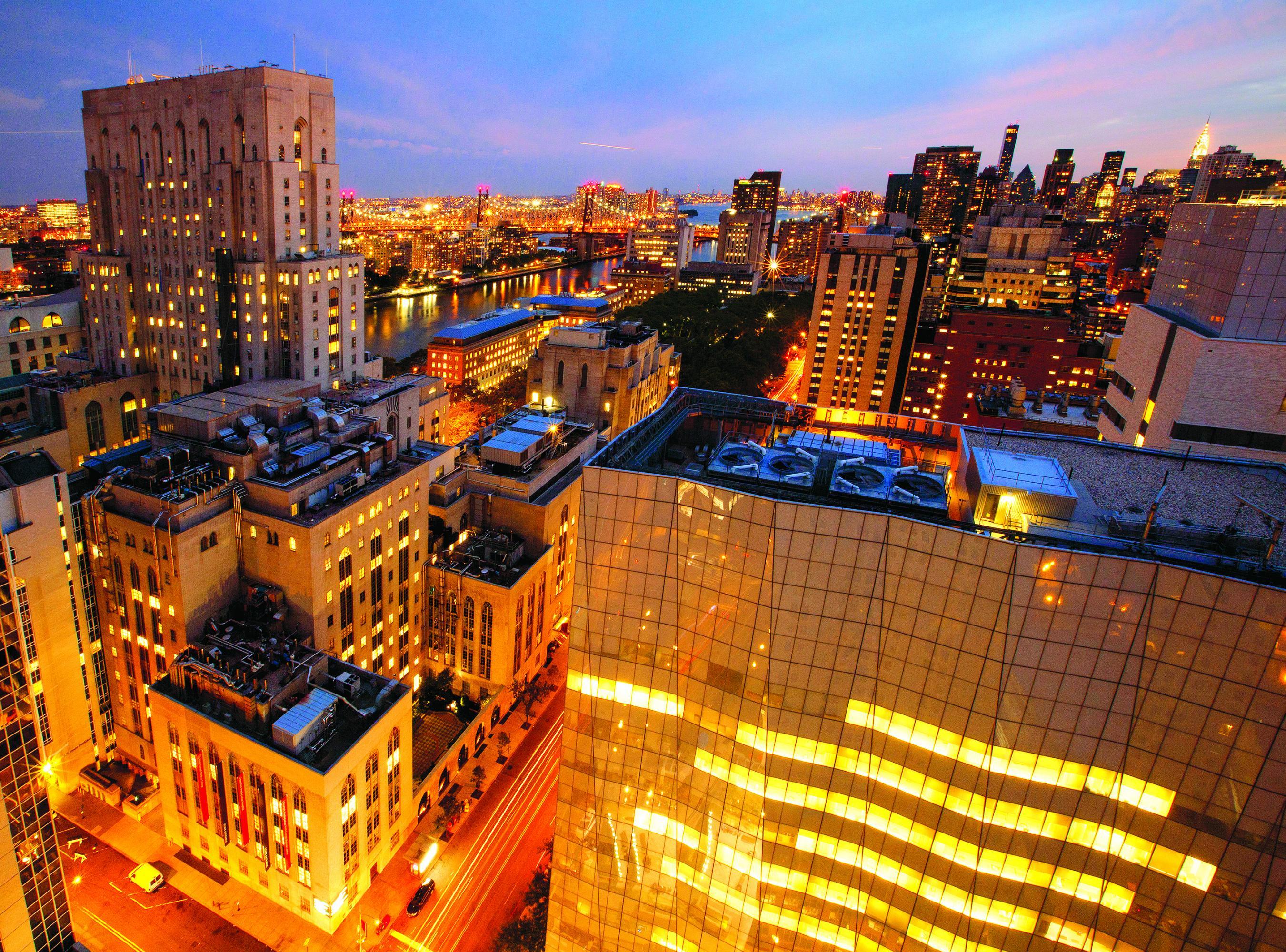 A $1.3 billion campaign added a new research center (right foreground) to Weill Cornell Medicine (left).