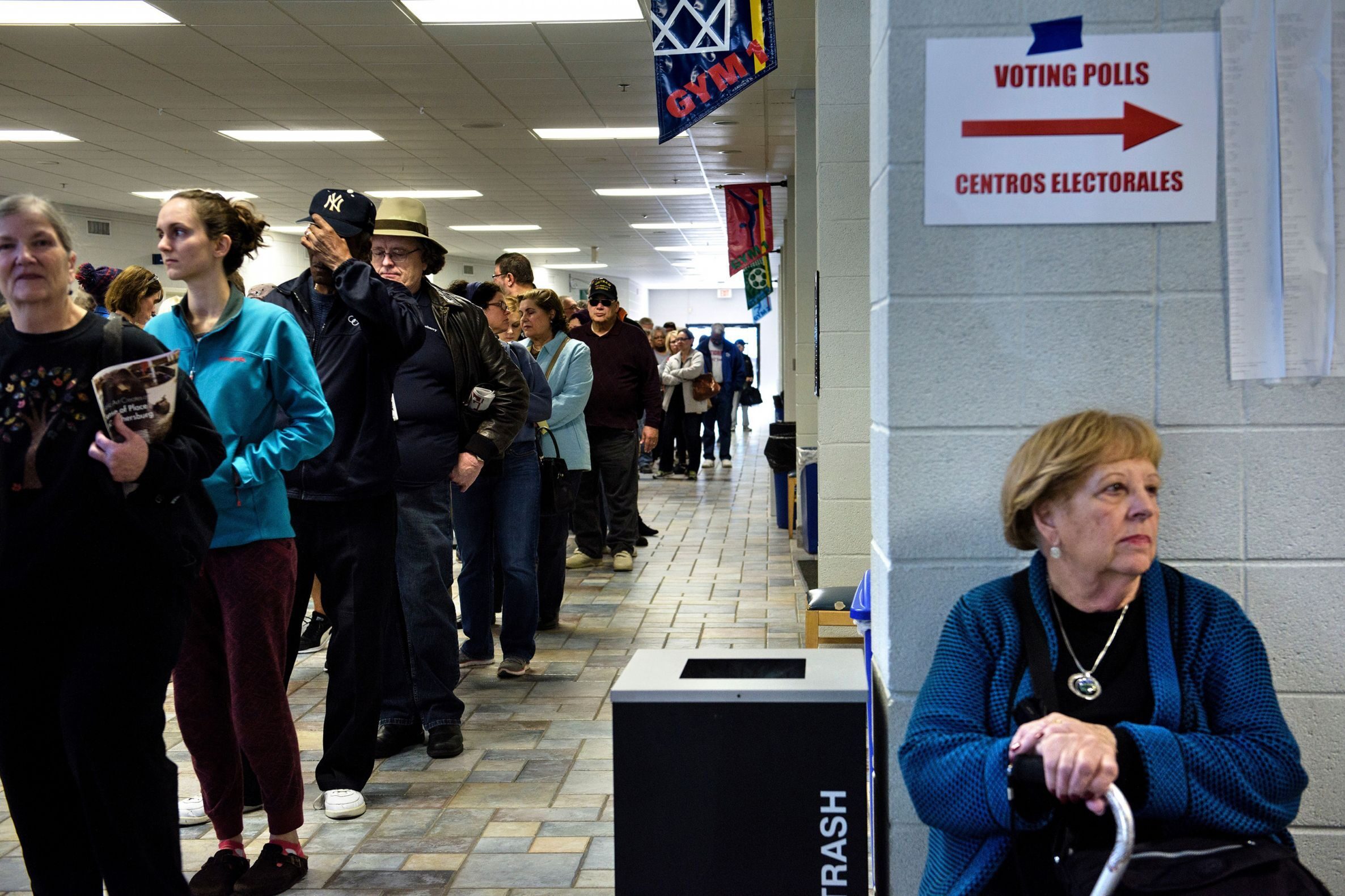 Early voters line up at a Gaithersburg, Maryland, polling place October 28. Reducing voter wait times is a priority of the grant-funded Voting Technology Project.