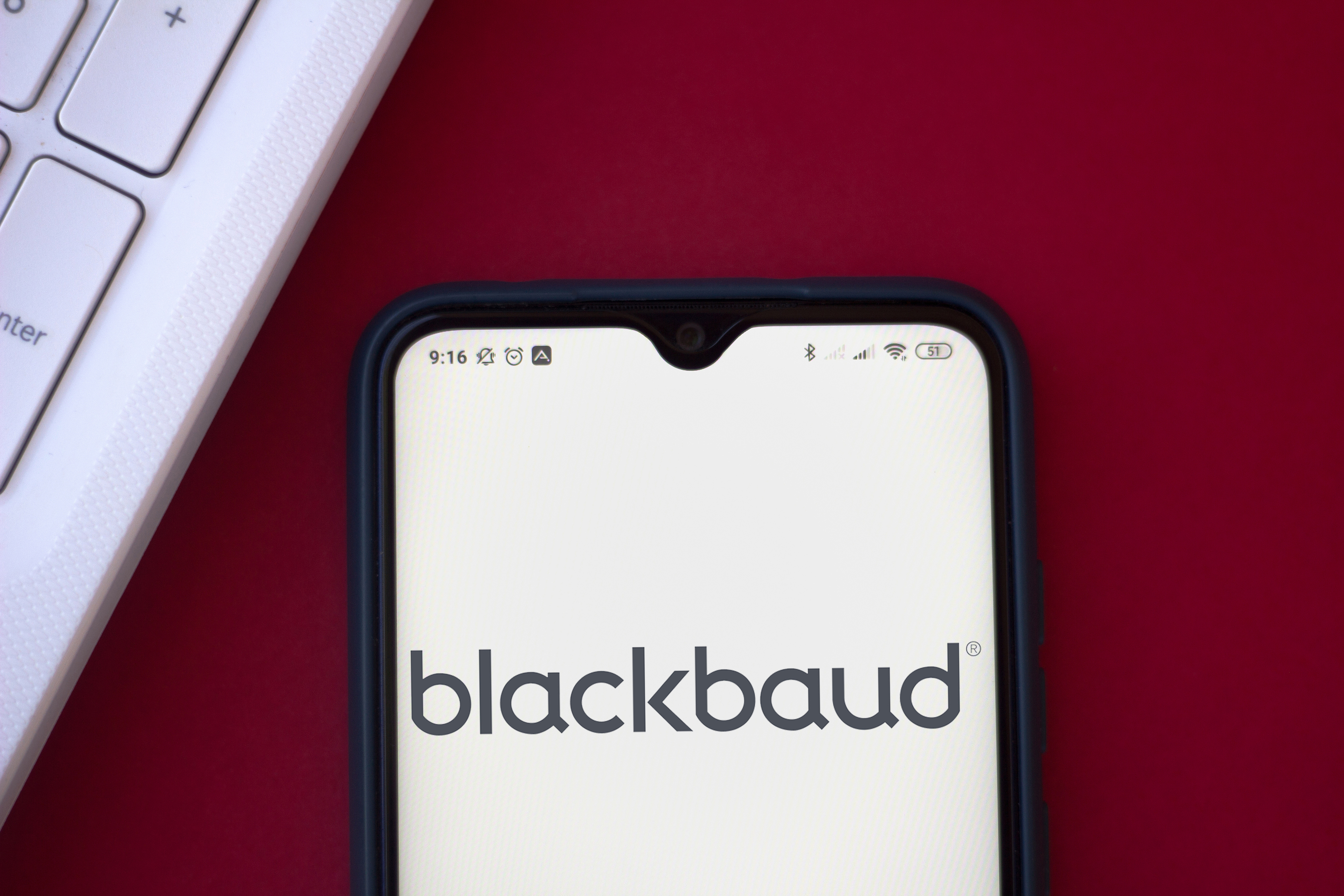 In this photo illustration the Blackbaud logo seen displayed on a smartphone.