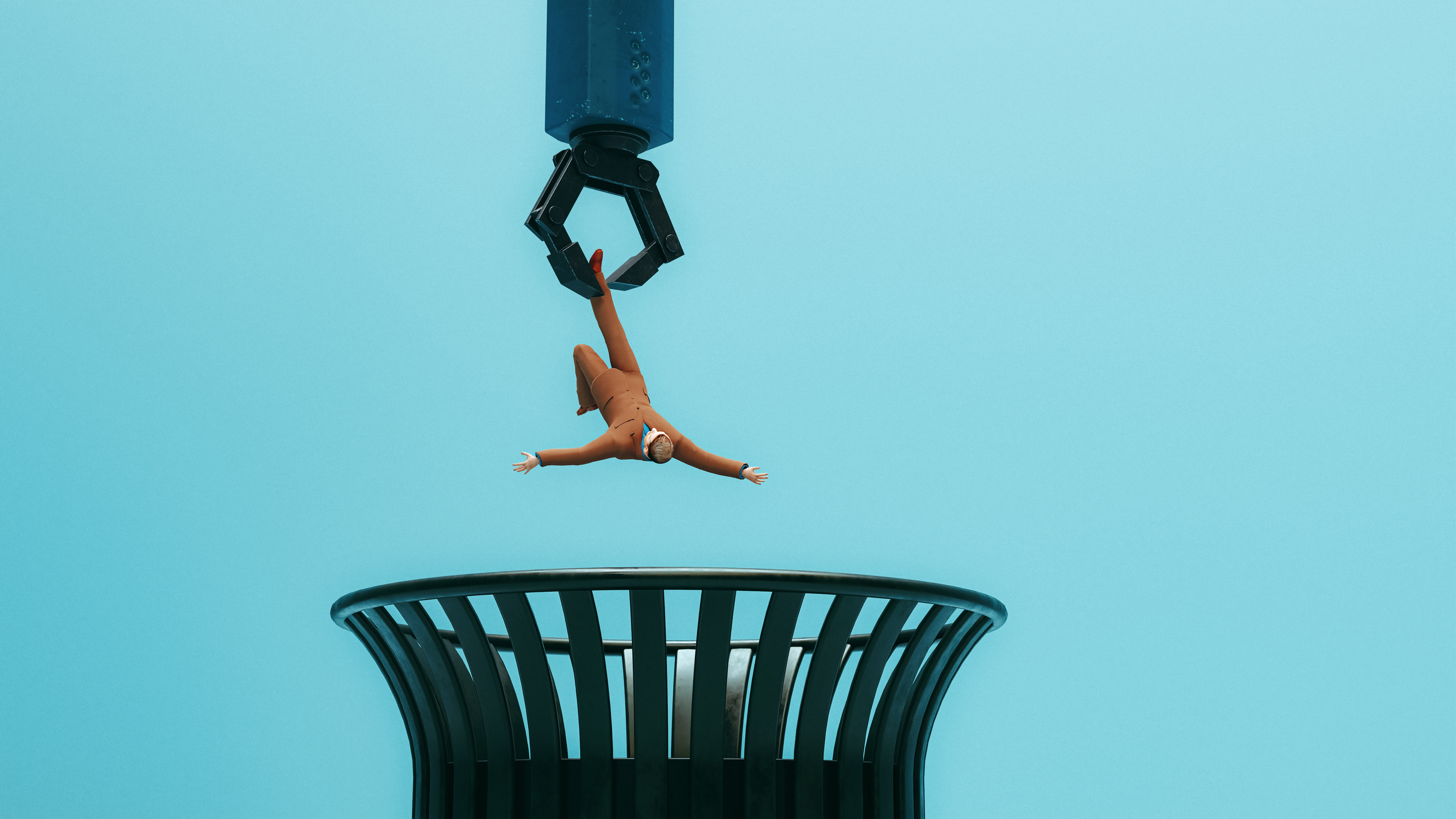 Big robotic arm has grapped a man in a business suit and gets ready to dispose of him and throw him in the trash. Concept of AI and robots taking over making human obsolete.