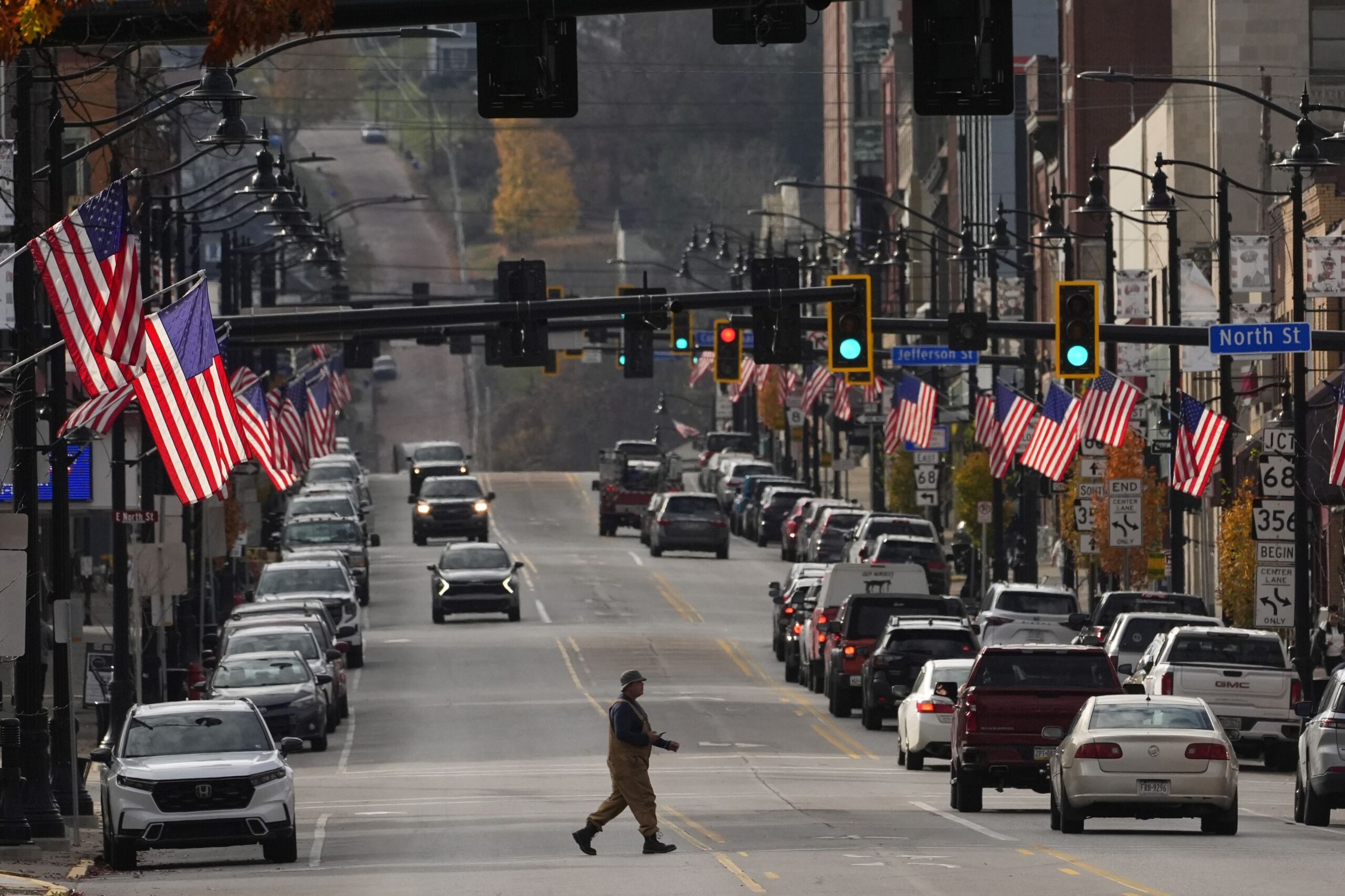 American flags line Main Street on Election Day, Tuesday, Nov. 5, 2024, in Butler, Pa.