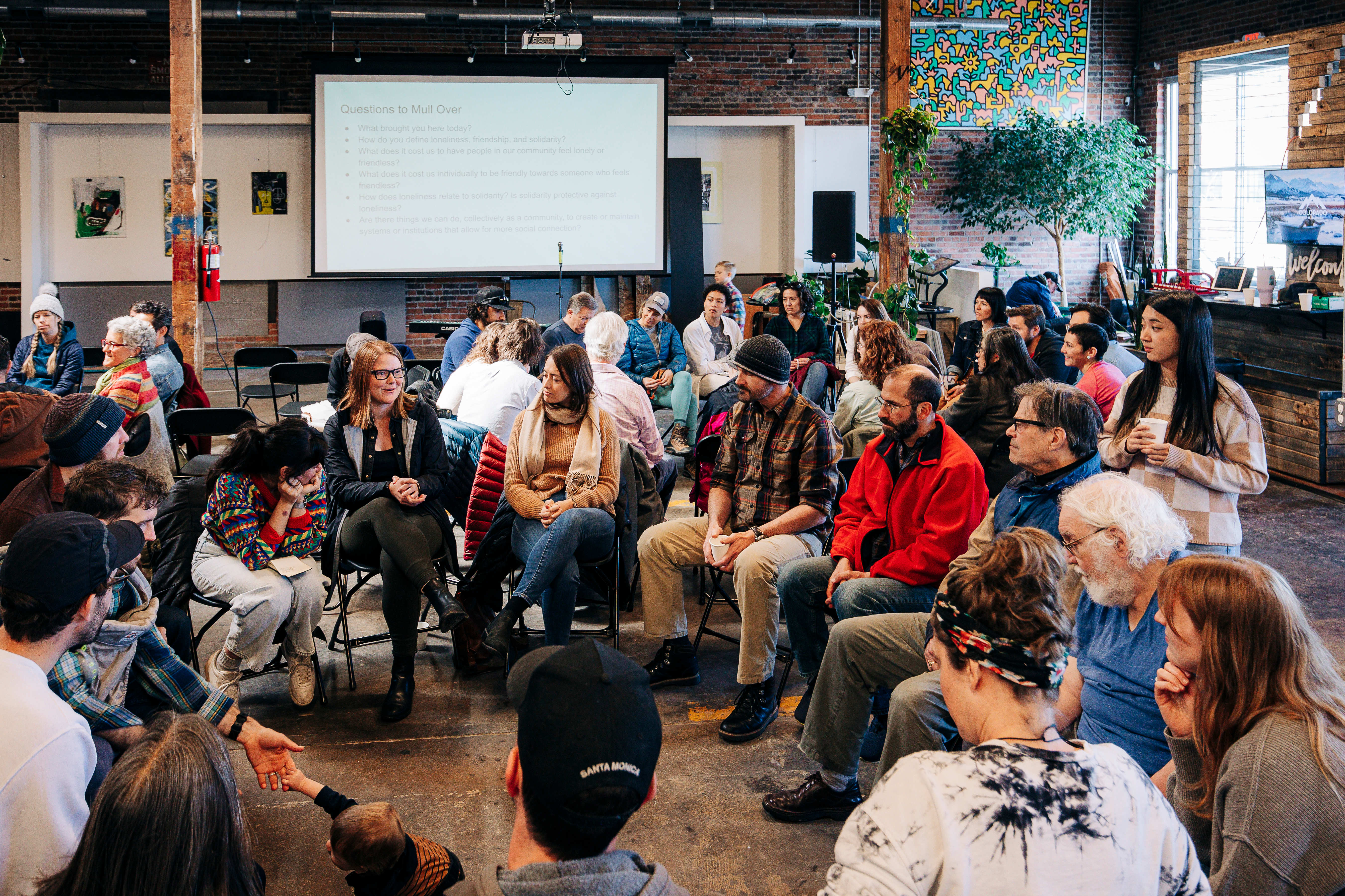 People gather for a program called Sunday School for Atheists hosted by Warm Cookies of the Revolution in Denver, Colorado in 2024.