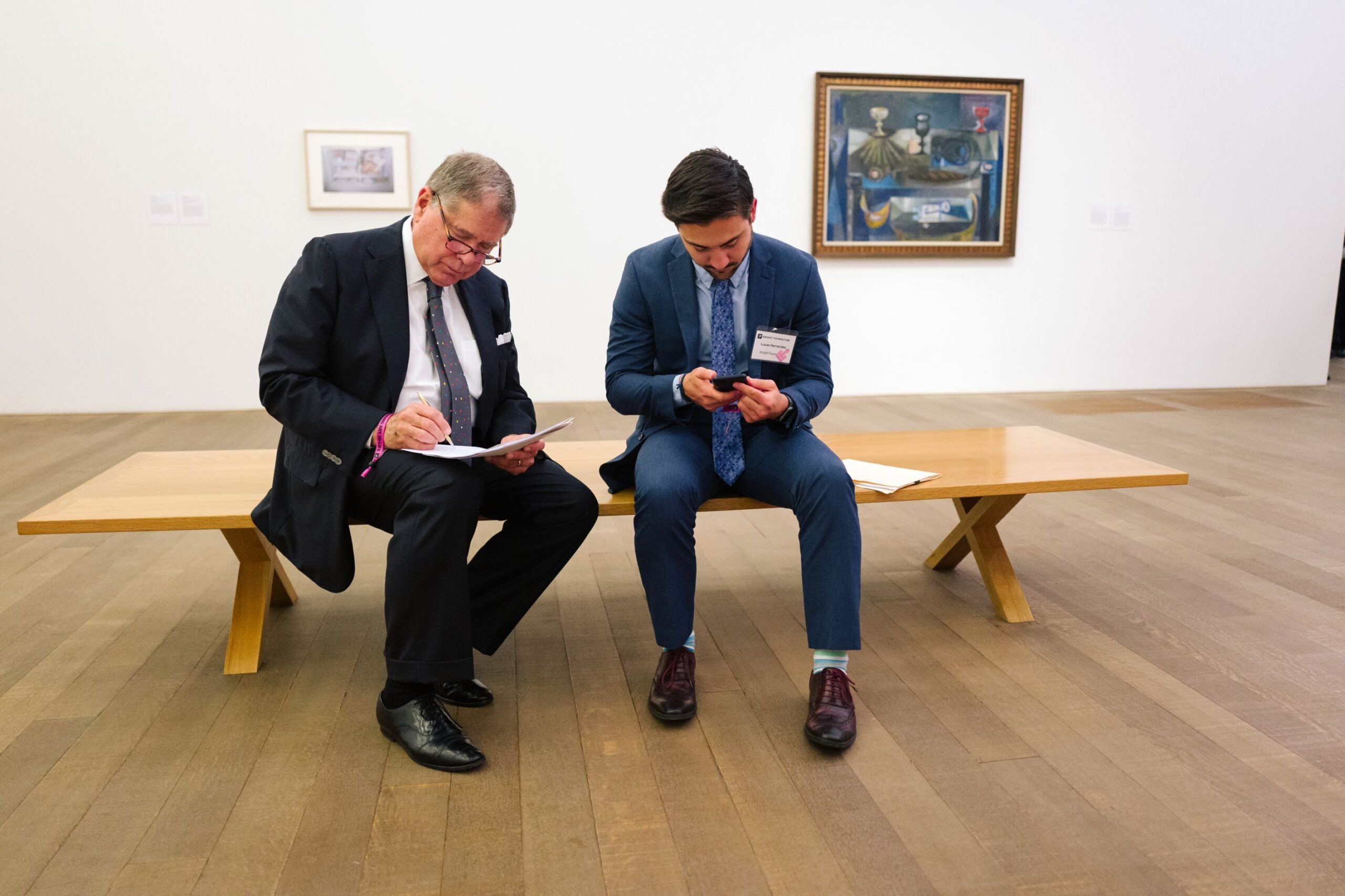Alberto Ibargüen and Lucas Hernandez preparing remarks at the Perez Art Museum of Miami (PAMM).