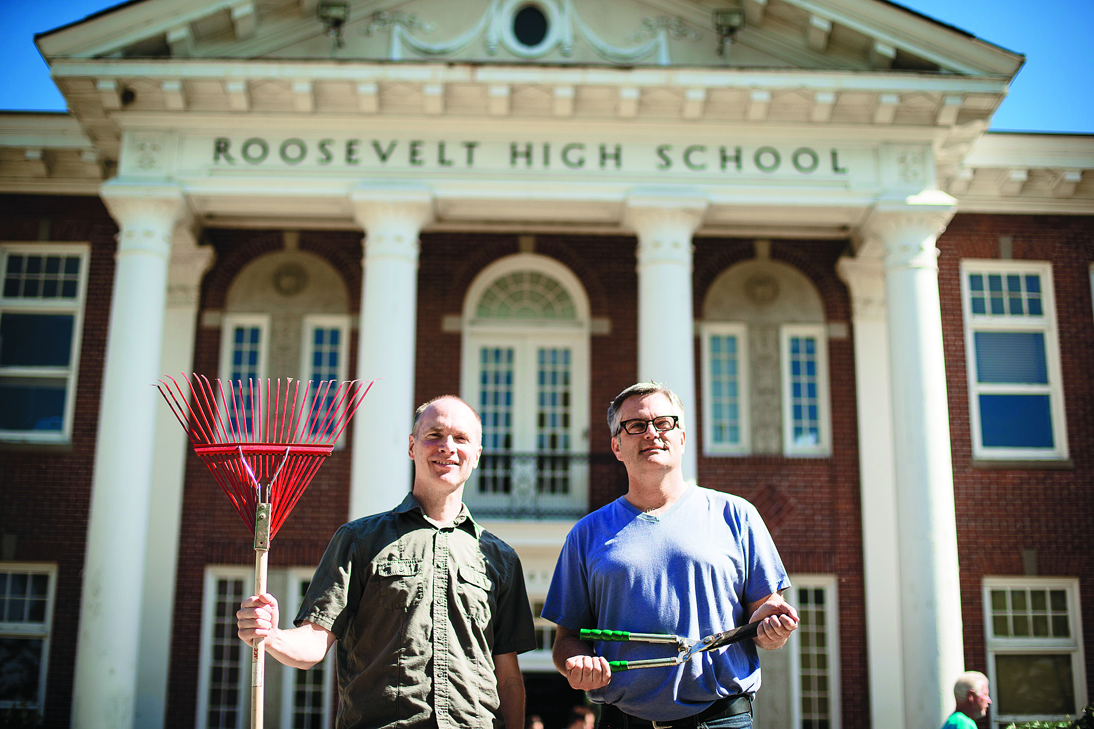 Sam Adams (right), America’s first openly gay big-city mayor, embraced a church community-service movement headed by evangelical leader Kevin Palau. Today, more than 300 Portland-area schools have church partners. 