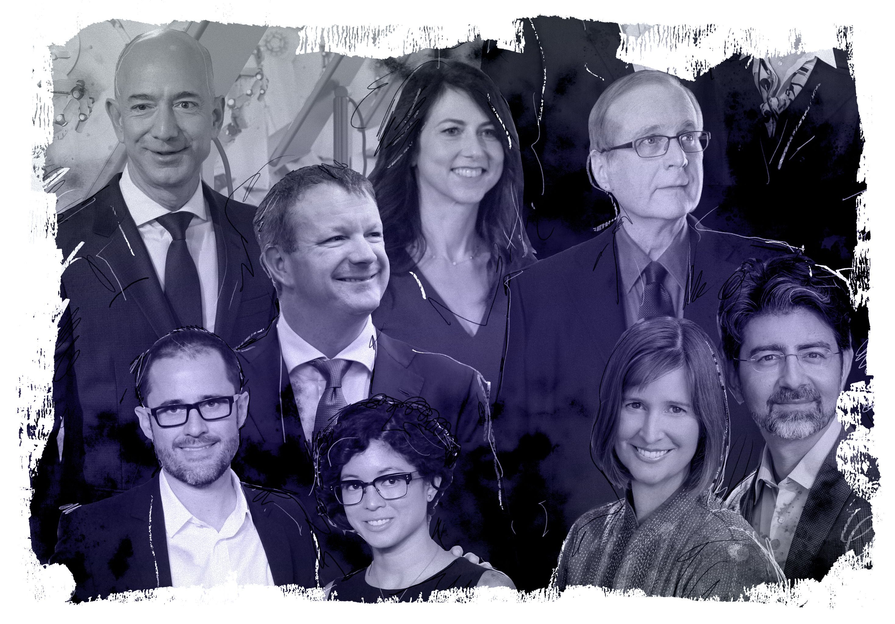 Top row (left to right): Jeff Bezos, Brian Acton, MacKenzie Bezos, Paul Allen. Bottom row: Evan and Sara Williams, Pam and Pierre Omidyar.