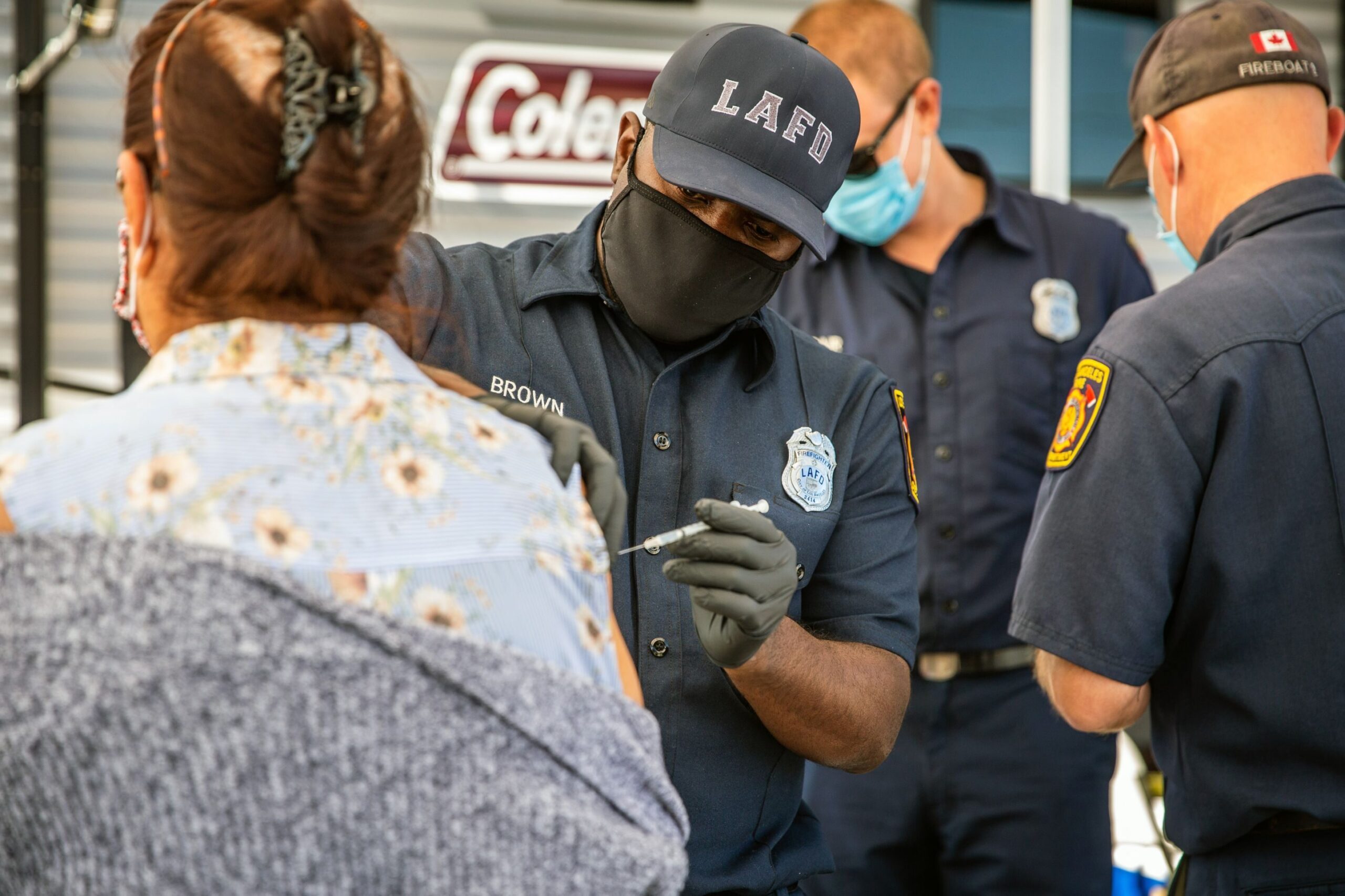 A person receives a vaccination against Covid-19 at a CORE mobile vaccination site in Los Angeles, California on February 24, 2021.