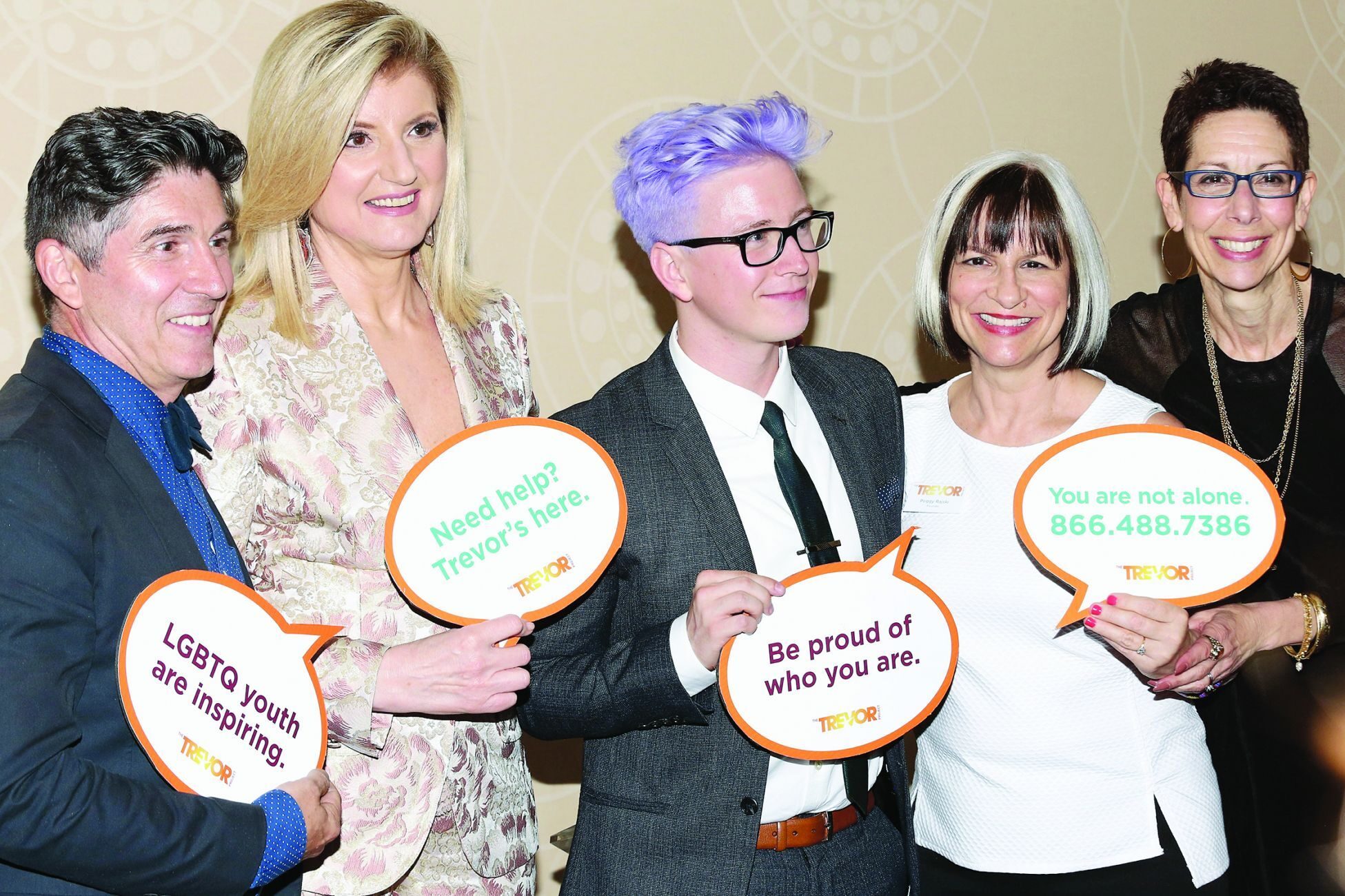 ONLINE STARDOM: James Lecesne, Arianna Huffington, Tyler Oakley, Peggy Rajski, and Abbe Land attend a Trevor Project event in New York. One of Mr. Oakley's video campaigns raised $500,000 for suicide prevention.