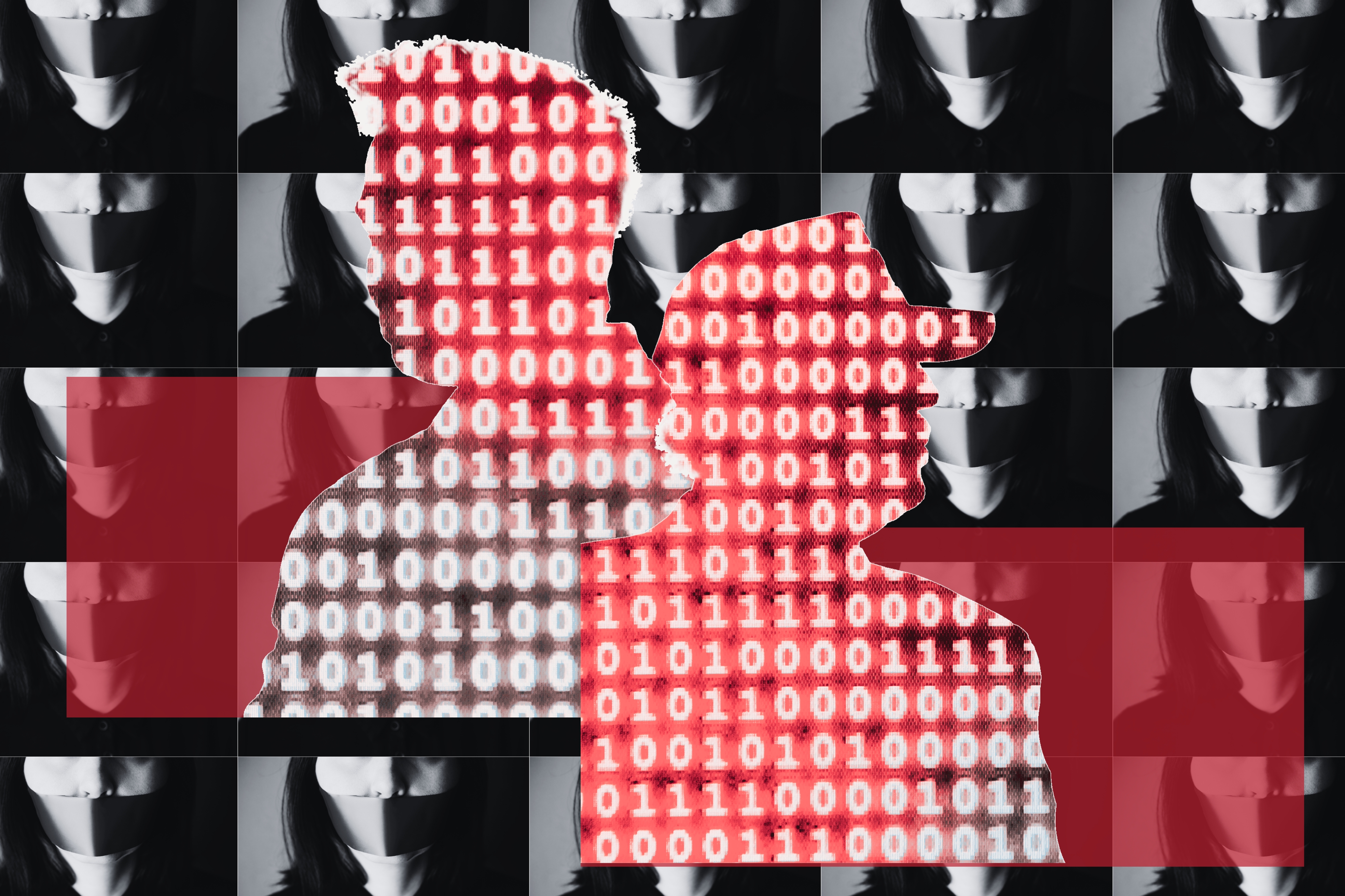 Data creates silhouettes of Donald Trump and Elon Musk over a repeated image of a woman silenced with tape over her mouth. 
