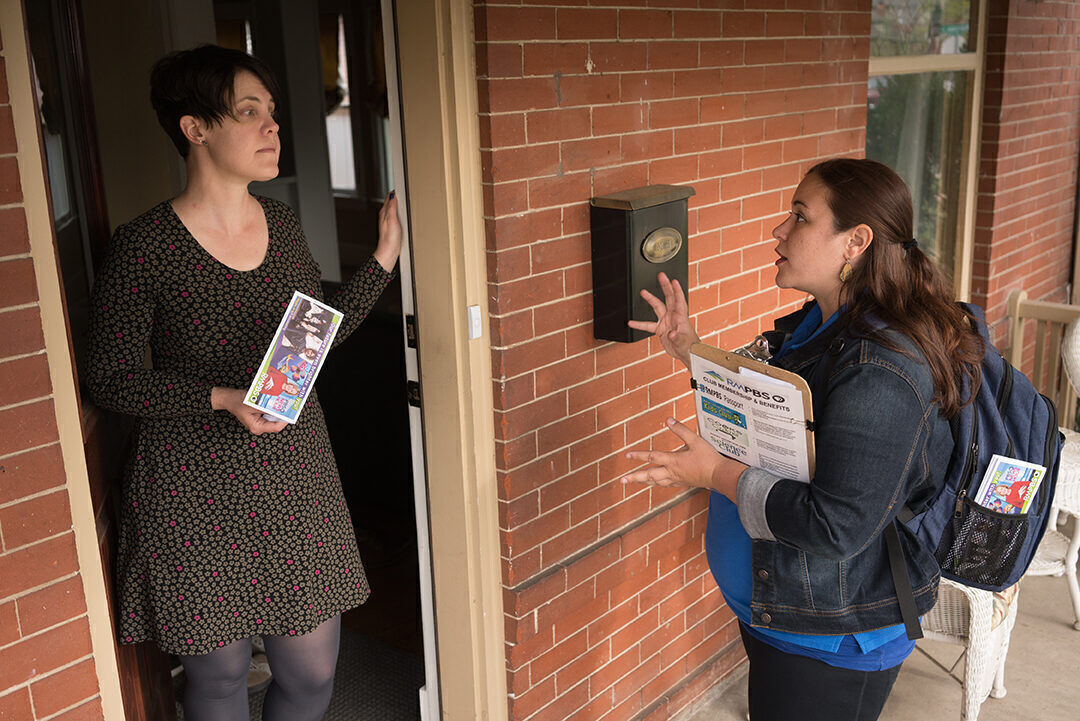 Door-to-door canvassers, such as Jessie Johnnes, have won large numbers of monthly donors for Rocky Mountain PBS and other public broadcasters across the country.