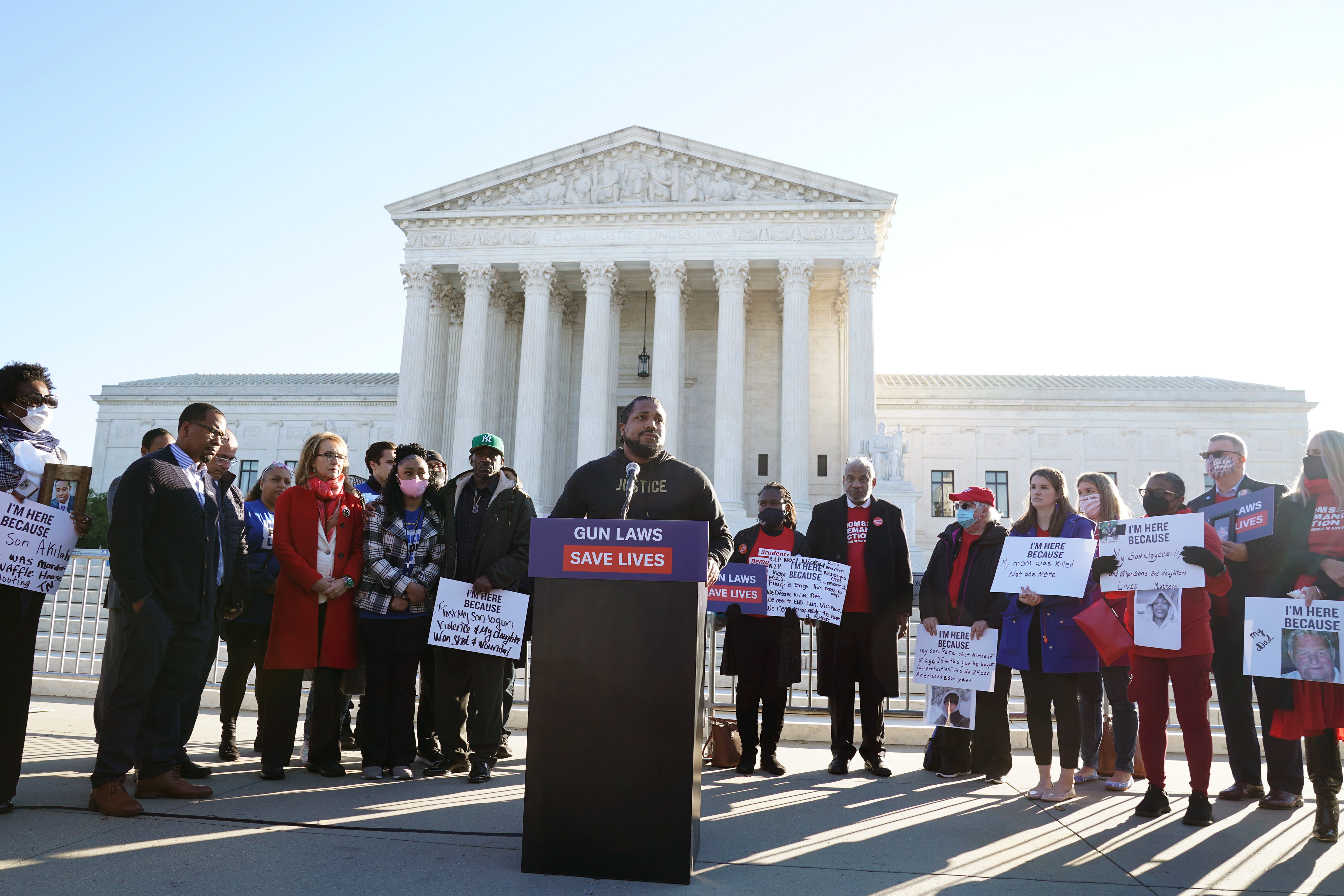 Gregory Jackson speaks as gun violence survivors gather in front of the Supreme Court ahead of oral argument in NYSRPA v. Bruen on November 03, 2021 in Washington, DC.