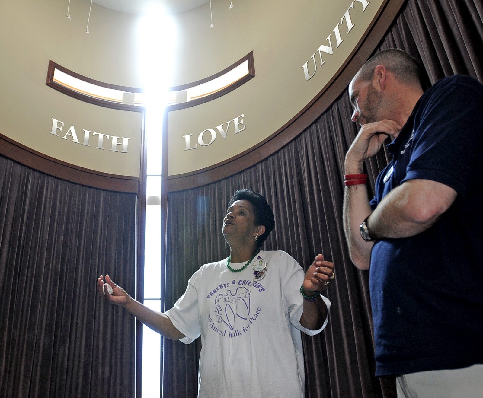 The Ray and Joan Kroc Community Center on Dudley Street in Dorchester, MA, prepares for this Saturday’s ribbon cutting. Peter Gelzinis took a tour with Drew Foster, Planning Coordinator at The Salvation Army and Isaura Mendes who lost her two sons to street violence. Mendes and Foster in the Peace Chapel.