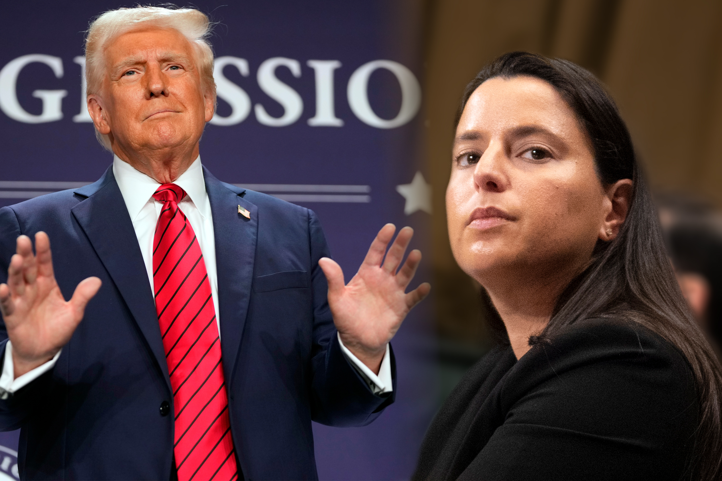 President Donald Trump at the 2025 House Republican Members Conference, and Federal Judge Loren AliKhan, testifying in a Senate committee hearing while she was Deputy Solicitor General for the District of Columbia in 2020.