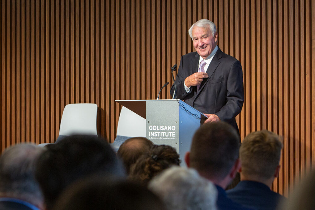 Paychex founder Tom Golisano announces his plan to donate $360 million to nonprofit organizations across Upstate New York, at the Golisano Institute for Business & Entrepreneurship in Brighton, N.Y. on Sept. 17, 2024.