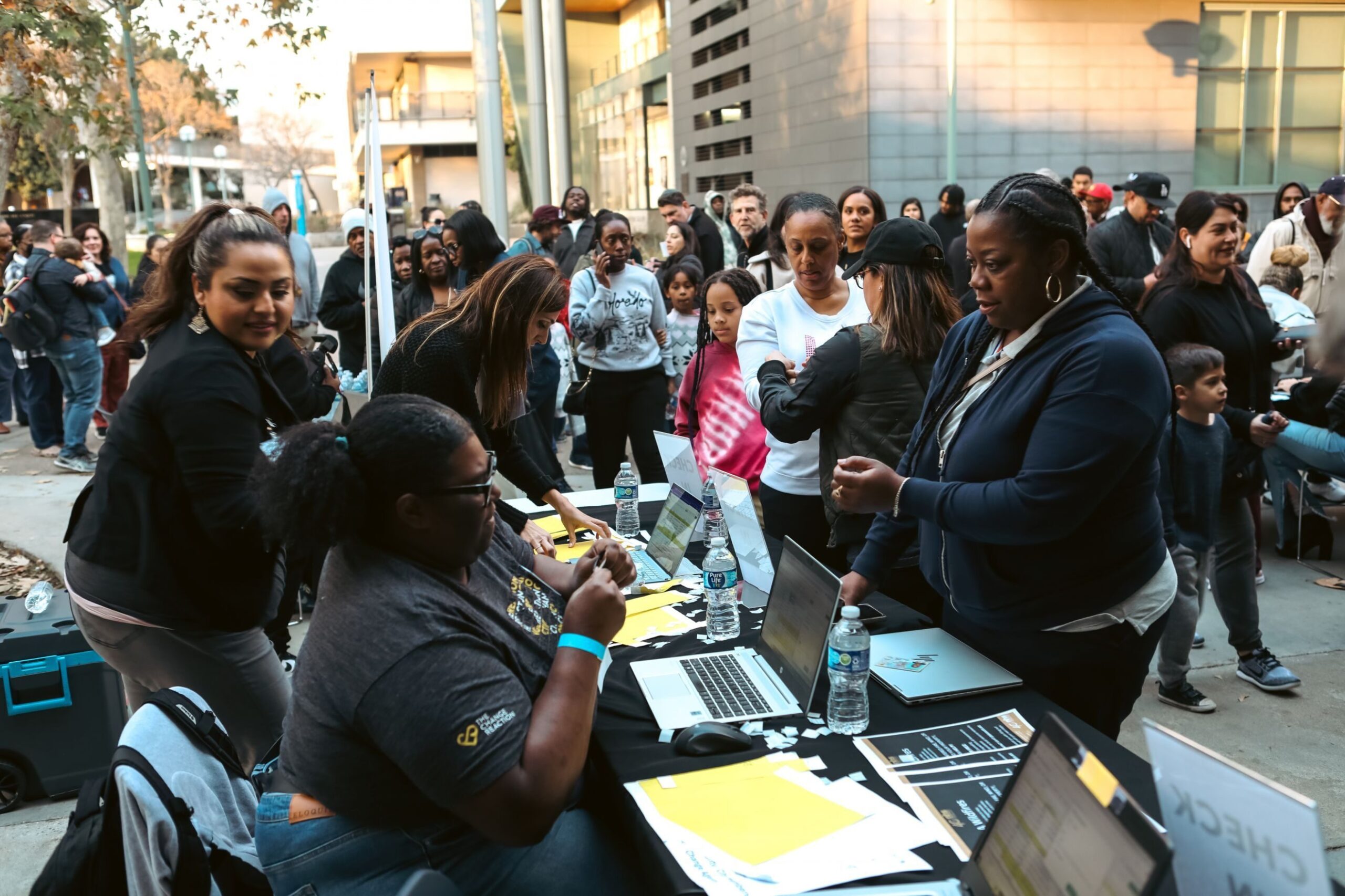Change Reaction staffers check in fire survivors and displaced residents