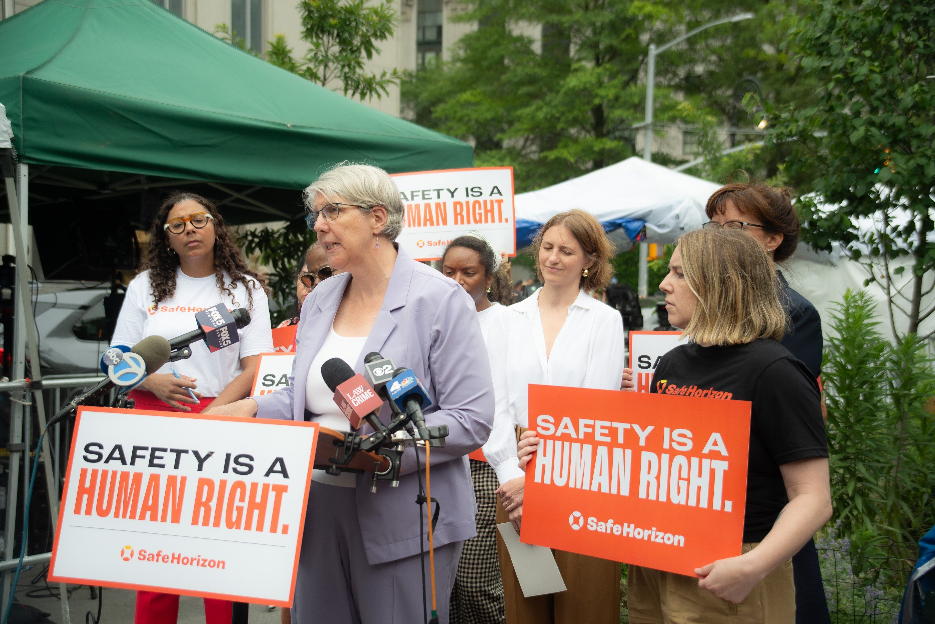 Liz Roberts, chief executive of Safe Horizon, speaks at a press conference