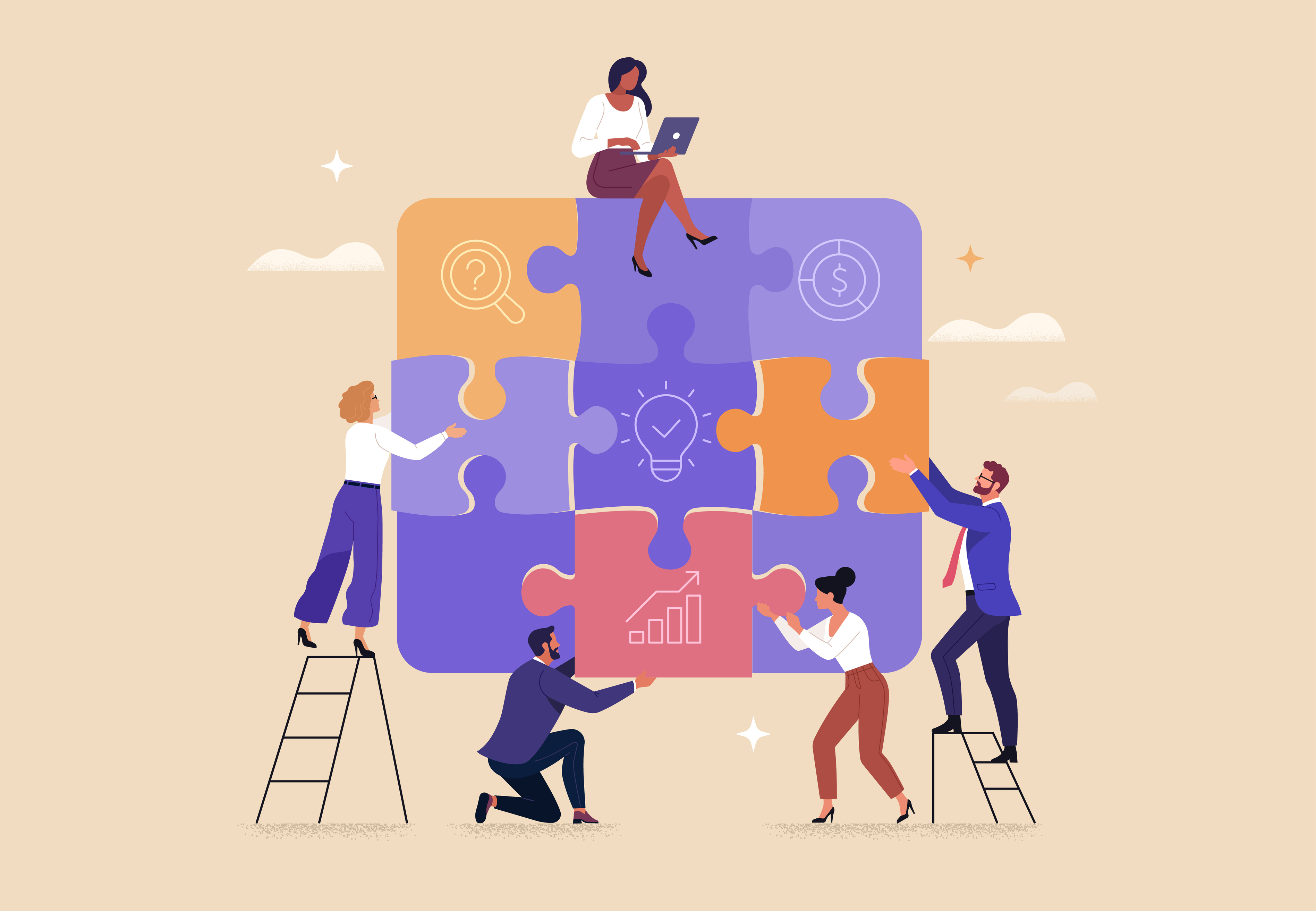 Contemporary flat style abstract vector illustration of a company of diverse people putting together a huge puzzle details. Isolated on background