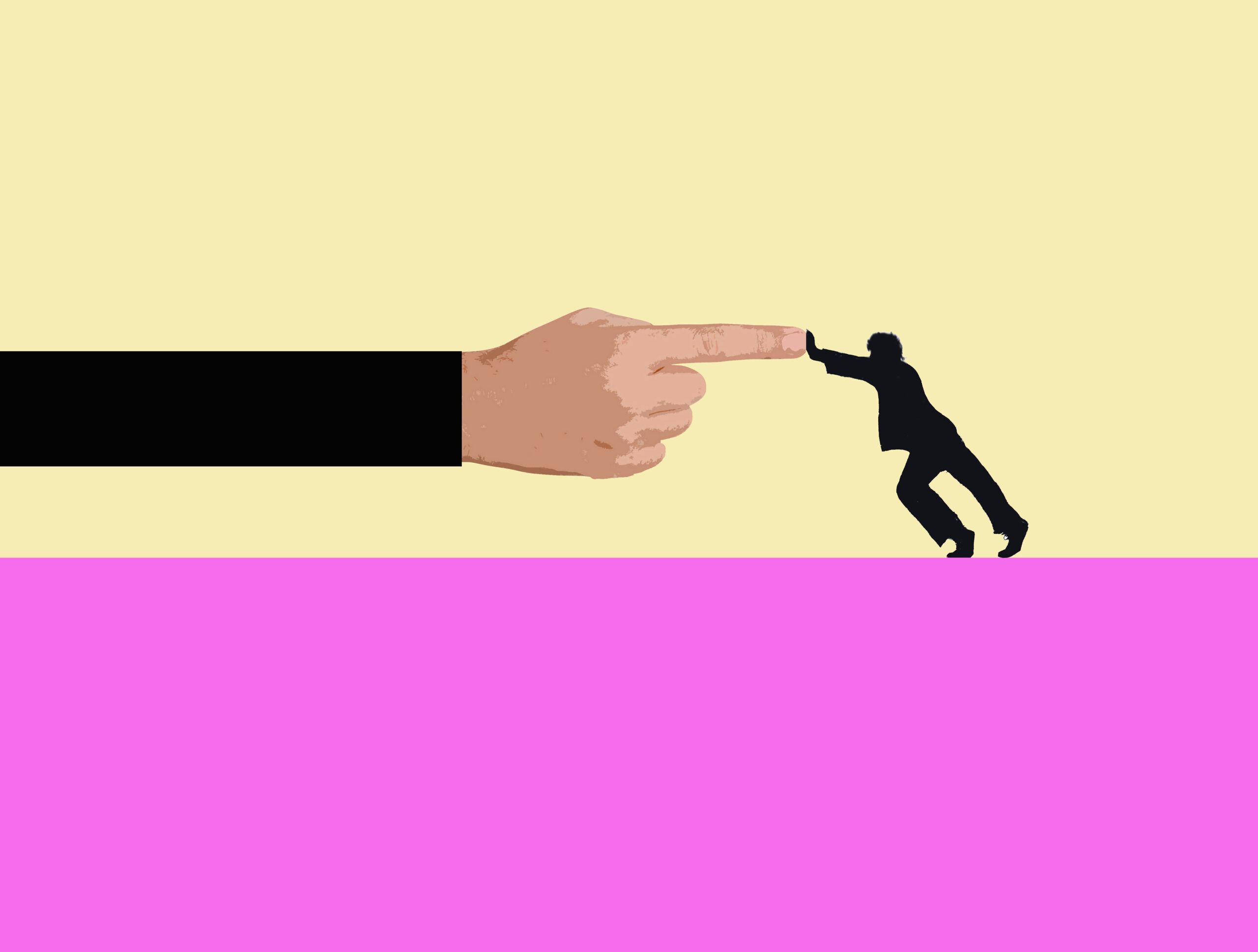 Silhouette of man pushing against oversized hand