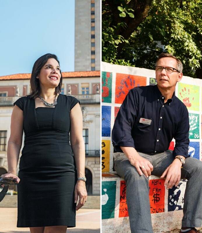 Priscilla Cortez (left) served as an Austin nonprofit’s one-woman development office before joining the University of Texas system’s massive fundraising team. Greg Cole (right) took the opposite career path, leaving Habitat for Humanity for a small Atlanta charity.
