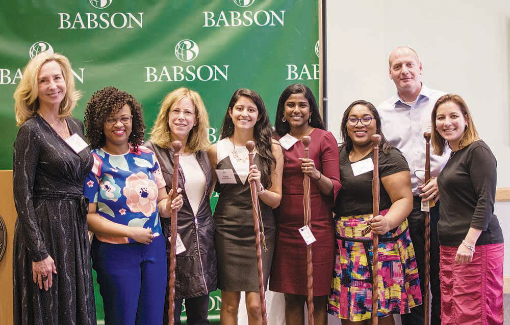 Pictured left to right are the 2018 Changemaker Award recipients and presenters: President Kerry Healey, Wiljeana Glover (Faculty Changemaker), Cheryl Kiser, Prabha Dublish ’18 (Undergraduate Changemaker), Sthuthi Jebaraj MBA’18 (Graduate Changemaker), Janai Mungalsingh ’08 (Alumni Changemaker), James Regal (ET&A Change Leader), and Emily Weiner.