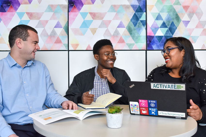 Joseph McNamara ’16, Akoua Orsot ’21, and Janai Mungalsingh ’08 discuss plans for the Babson Youth Impact Lab.