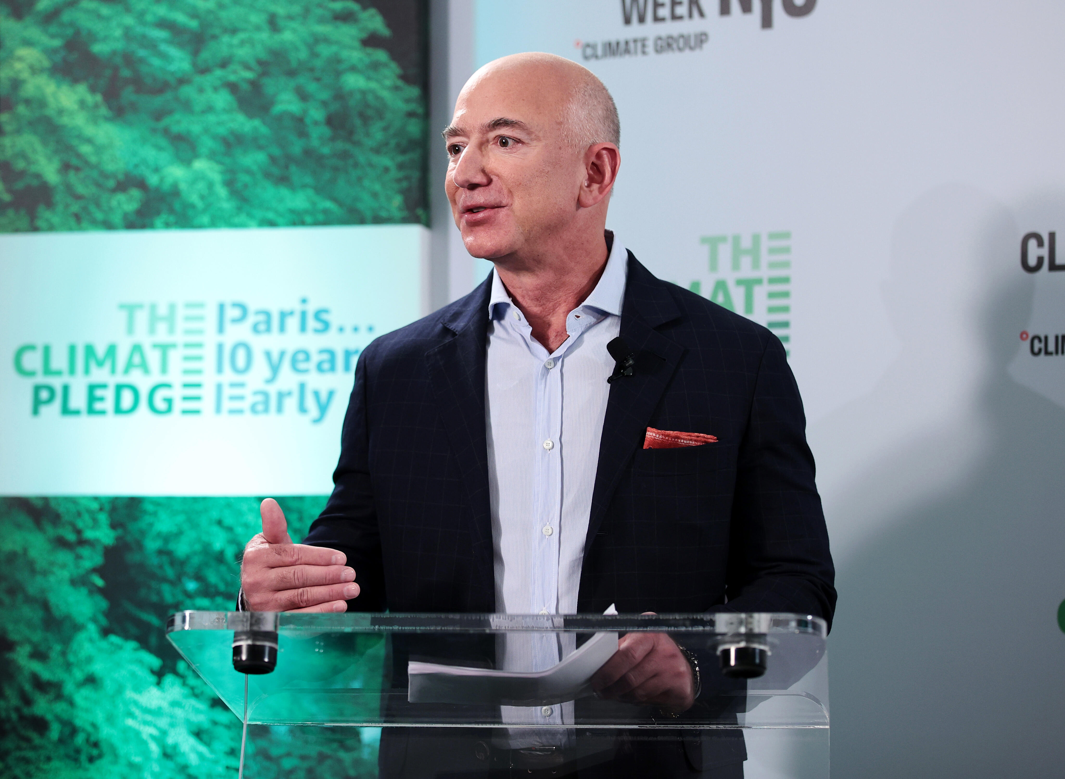 Jeff Bezos speaks onstage during the Climate Week NYC Leaders Reception at PEAK at Hudson Yards on September 20, 2021 in New York City.
