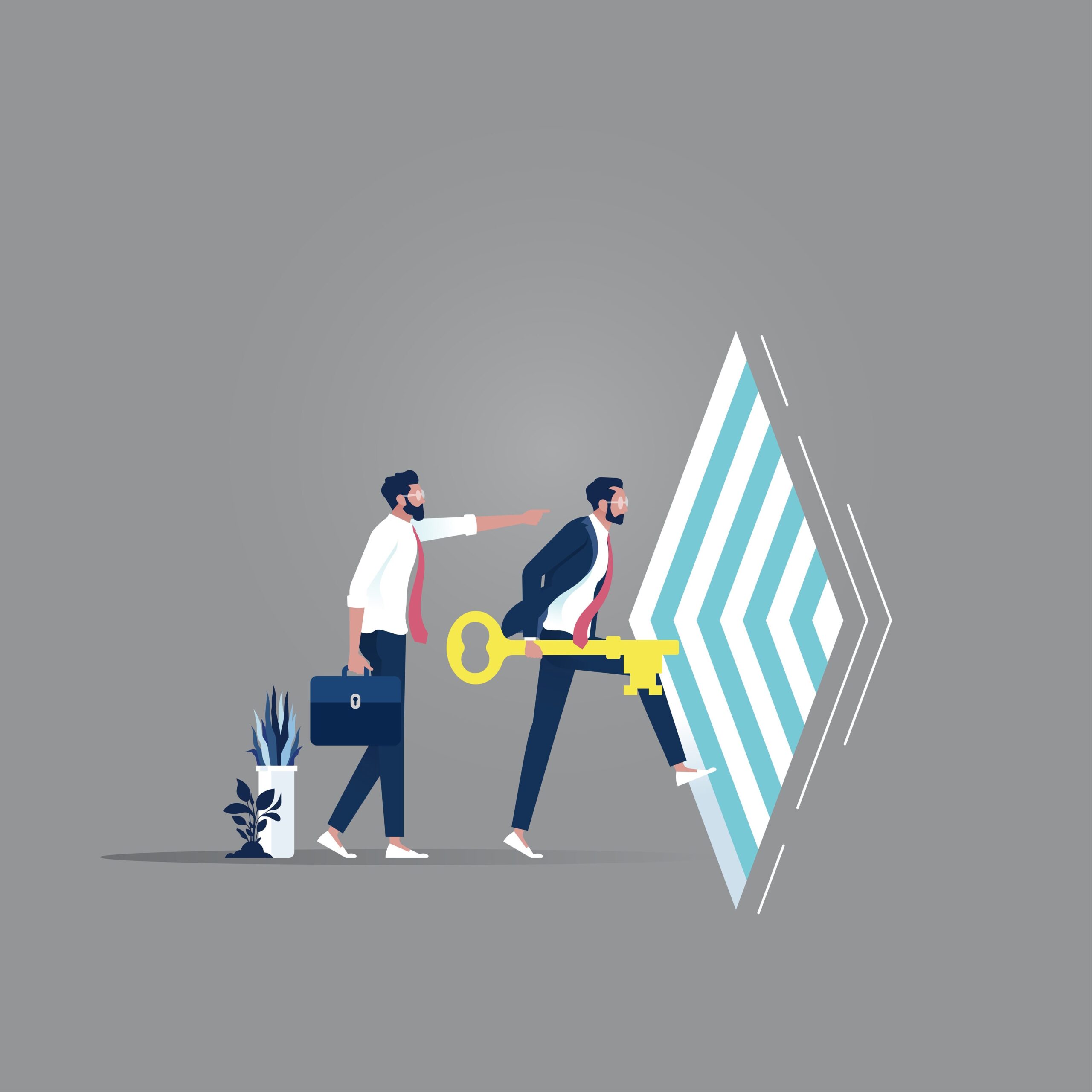 Businessman holding  key to the keyhole, stepping forward to open bright future keyhole together, find solution