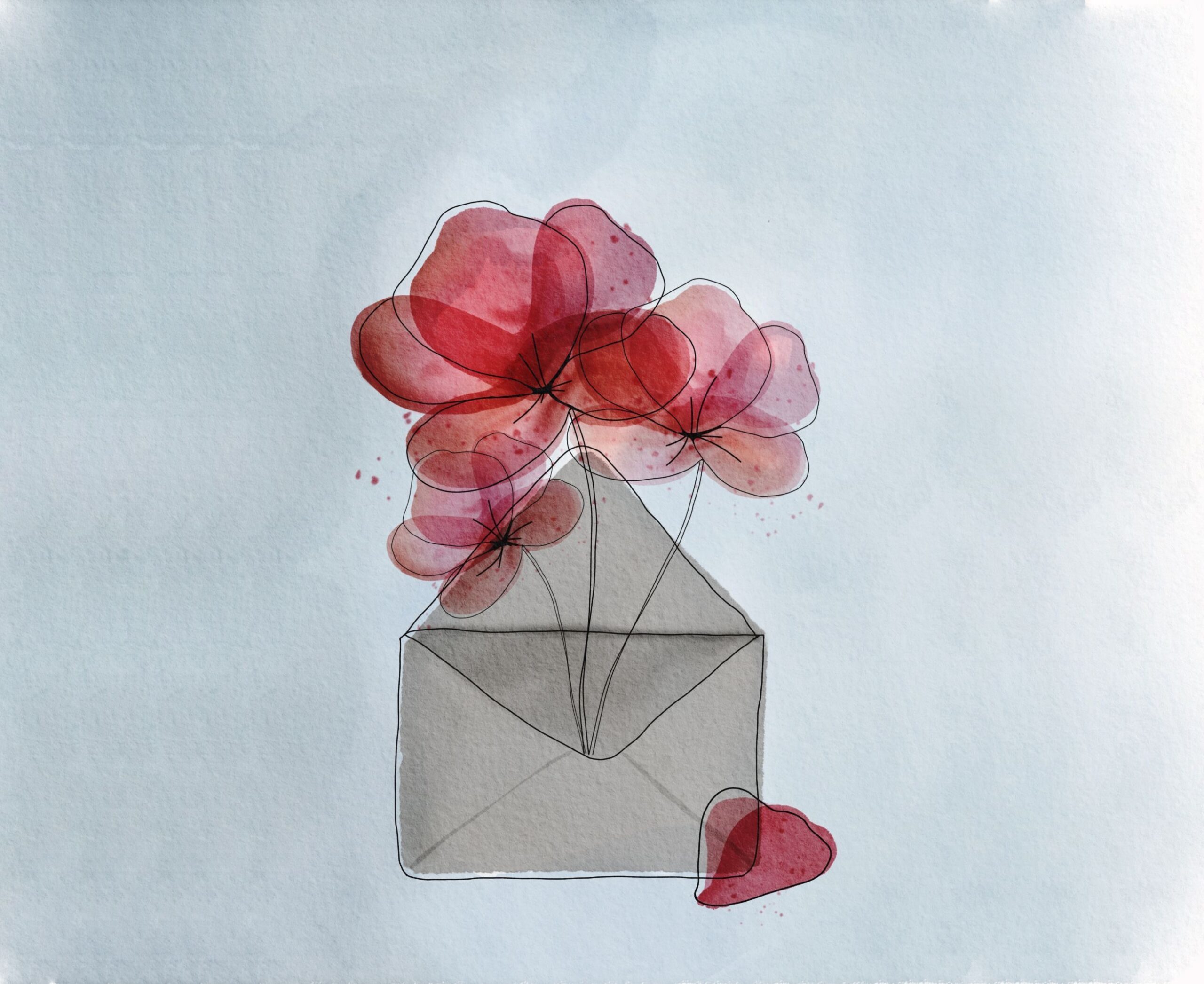 Handmade watercolor style illustration of an open paper envelope, with three flowers coming out of it, on a blue background. Concept of love, greeting and friendship. Valentine's Day card