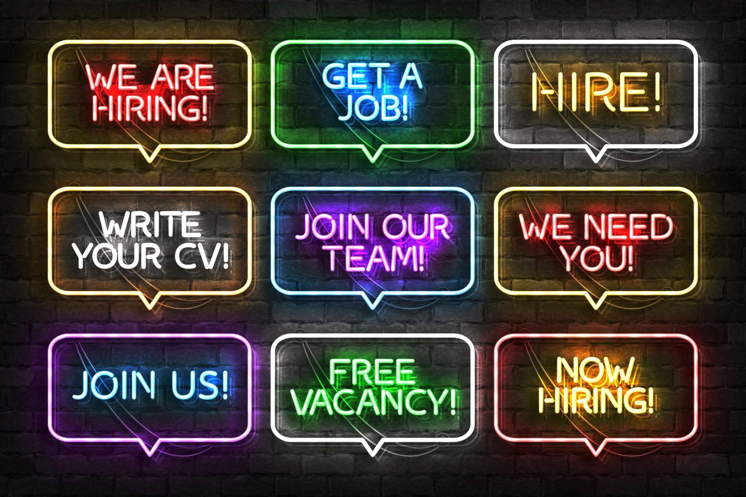 Vector set of realistic isolated neon sign of Hire logo for template decoration and invitation covering on the wall background. Concept of hiring, cv and career.
