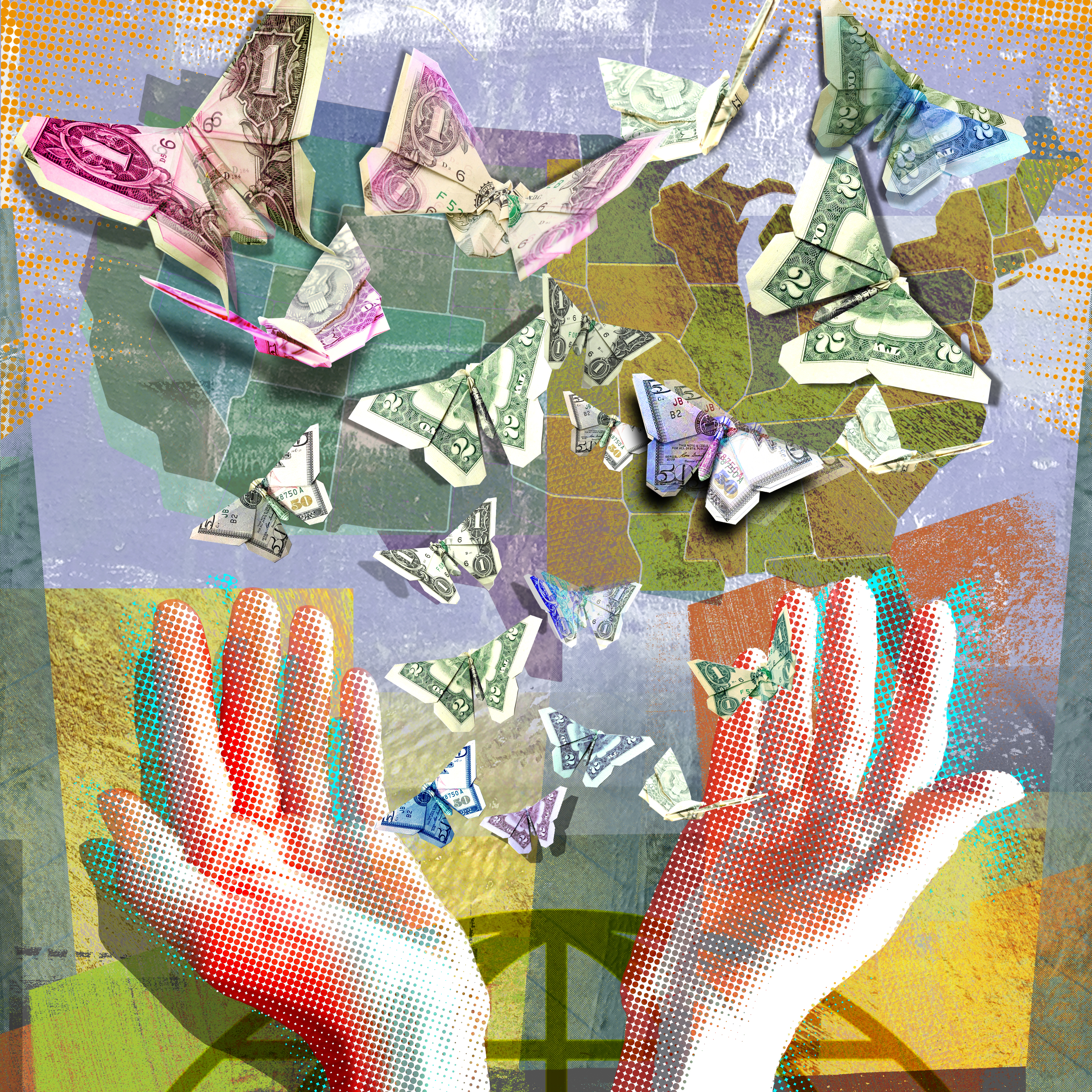 photo collage of open hands and butterflies made of money over a map of the US