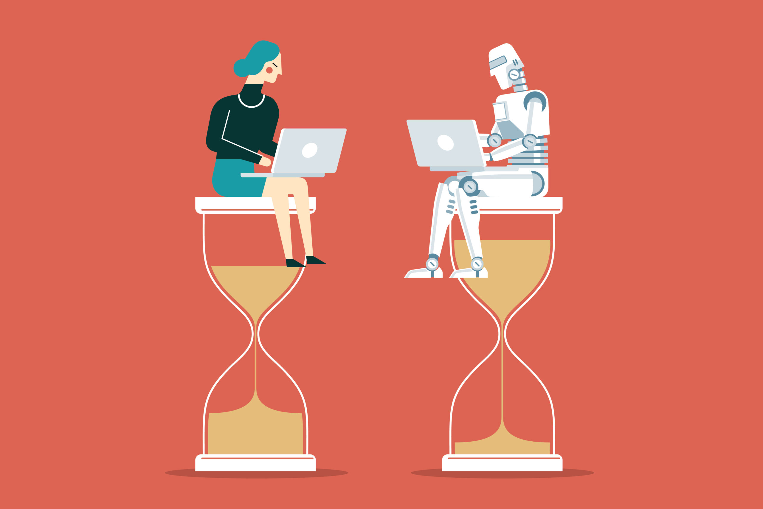 Illustration of a woman and a robot working on laptops, each sitting on top of an hourglass. The woman's hourglass is about two-thirds full, while the robot's is almost completely full.