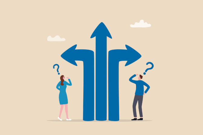 Illustration of a man and a woman looking confusedly at a three-way arrow sign pointing left, right, and straight ahead, with question marks above their heads.