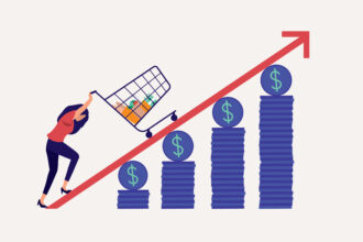 Illustration of a woman pushing a grocery cart uphill against a backdrop of progressively taller stacks of dollar coins, symbolizing rising inflation and the increasing cost of living.