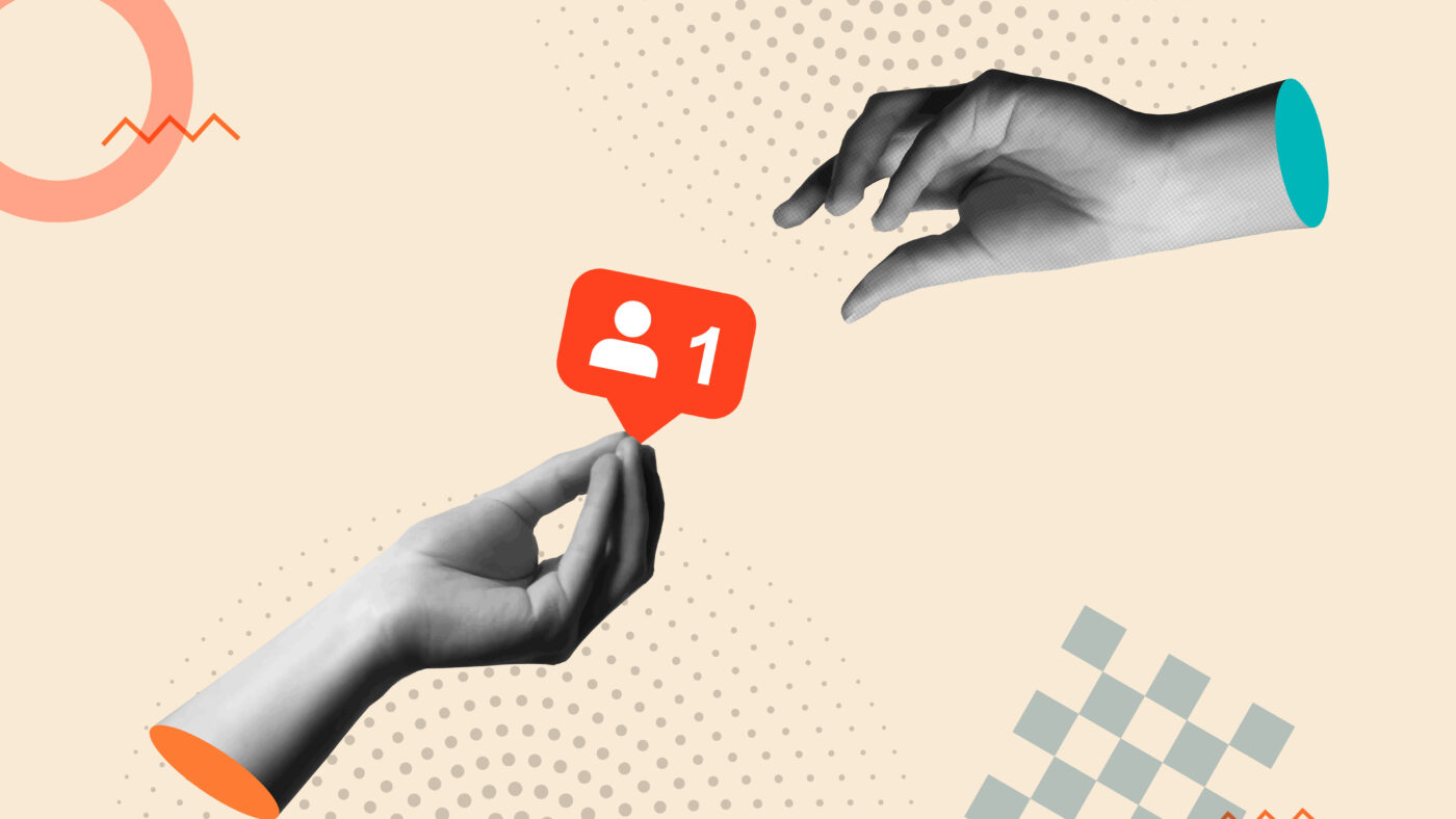 Digital collage showing two grayscale hands on a beige background. The bottom hand holds a red social media notification icon with a person silhouette and the number '1'. The top hand reaches towards it. Abstract shapes and halftone dots are in the background.