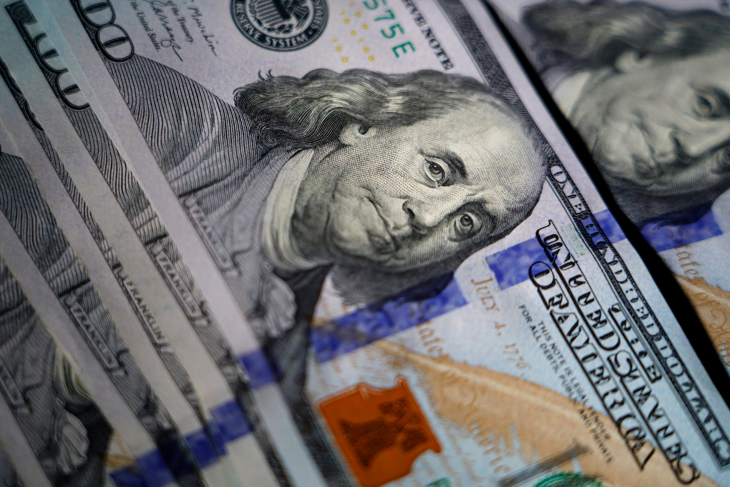 FILE - A portrait of Benjamin Franklin is displayed on U.S. $100 bills in Pennsylvania, on July 14, 2022. (AP Photo/Matt Slocum, File)