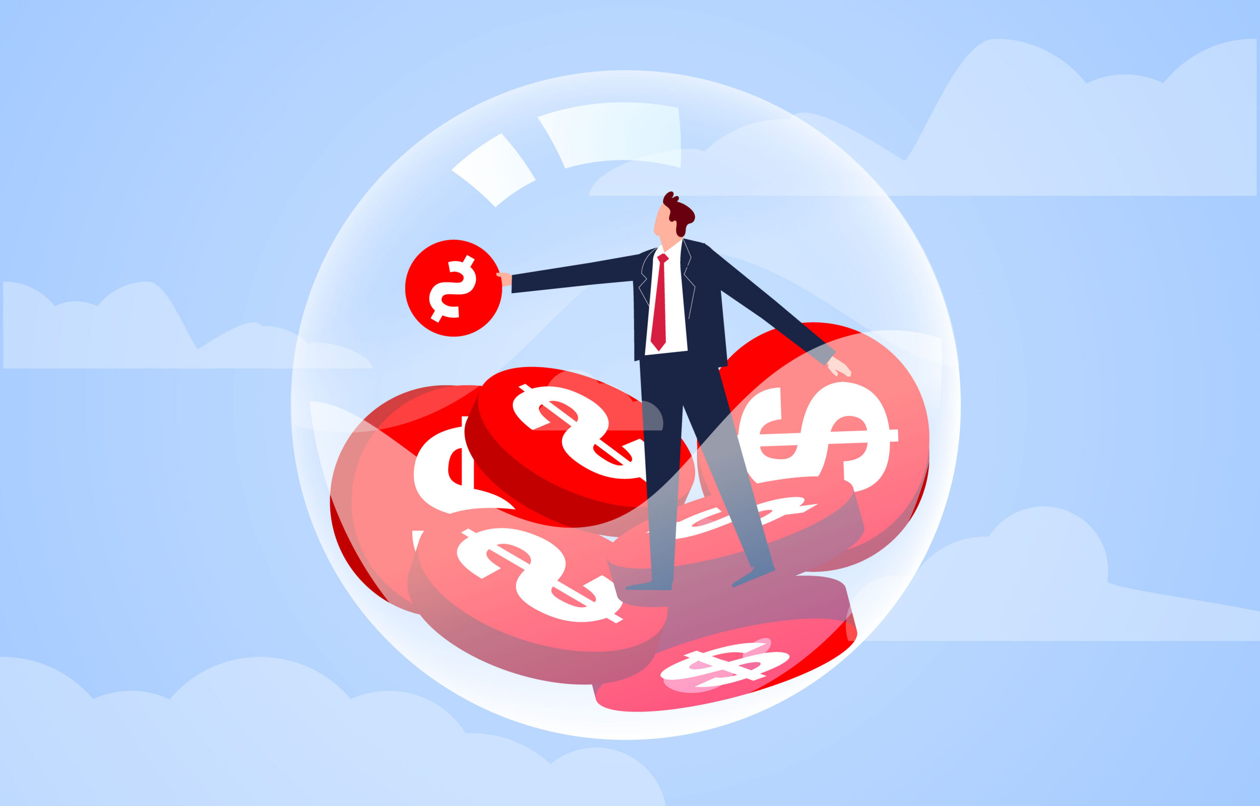 A tech or business man inside a bubble full of red coins against a blue sky with white clouds.