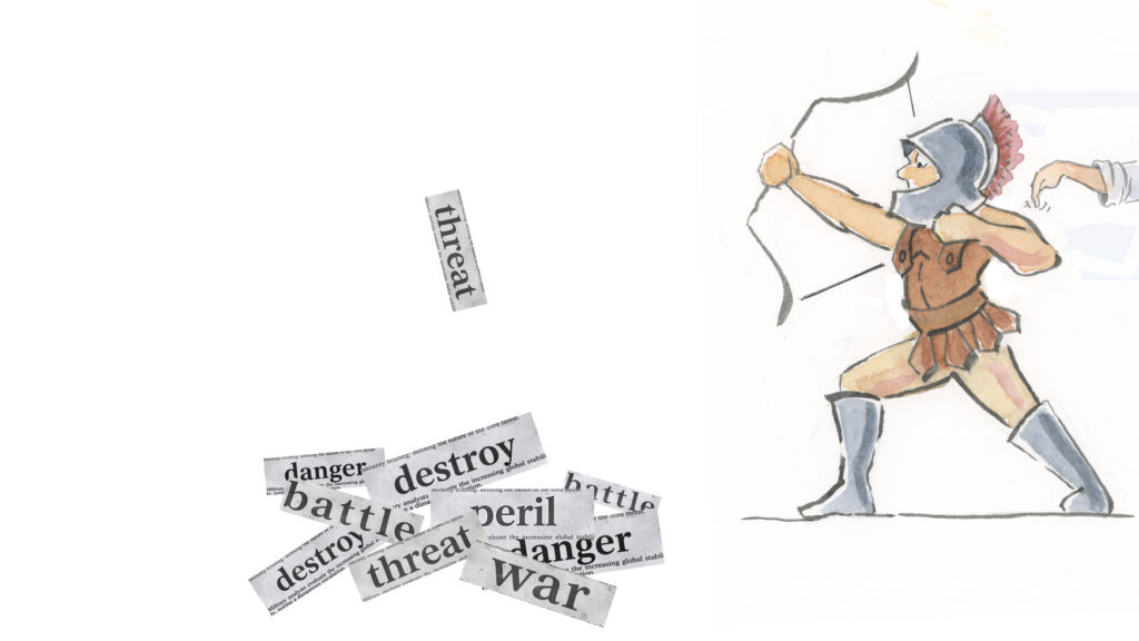 A fighter from ancient times shooting a bow and arrow. The images of words are positioned like shooting arrows but are landing in ineffectual heap. The figure is more humorous than menacing.
