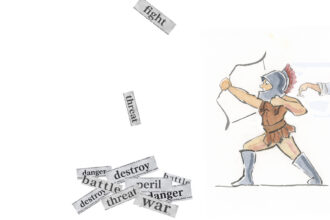 A fighter from ancient times shooting a bow and arrow. The images of words are positioned like shooting arrows but are landing in ineffectual heap. The figure is more humorous than menacing.